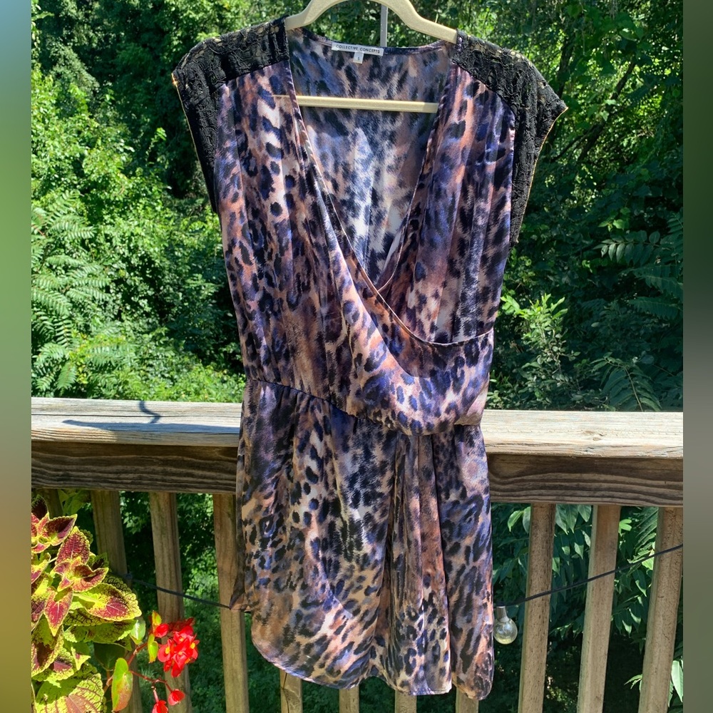 COLLECTIVE CONCEPTS | Wrap Dress - Animal Print with Black Lace | Small